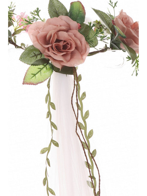 Girls White Pink Rose Embellished Crown Tulle Communion Flower Girl Veil - SophiasStyle.com